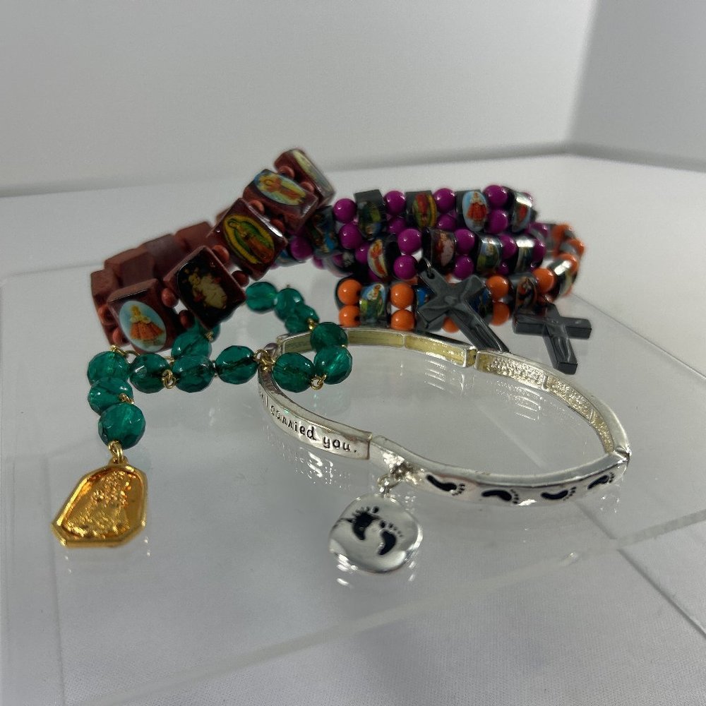 Lot of 5 Christian Stretch Bracelets Religious Catholic Virgin Mary Jesus Rosary